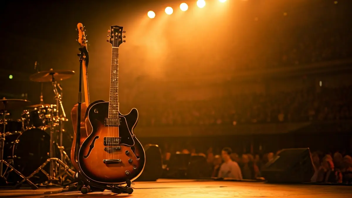 Imagen genérica de instrumentos musicales en un escenario iluminado.