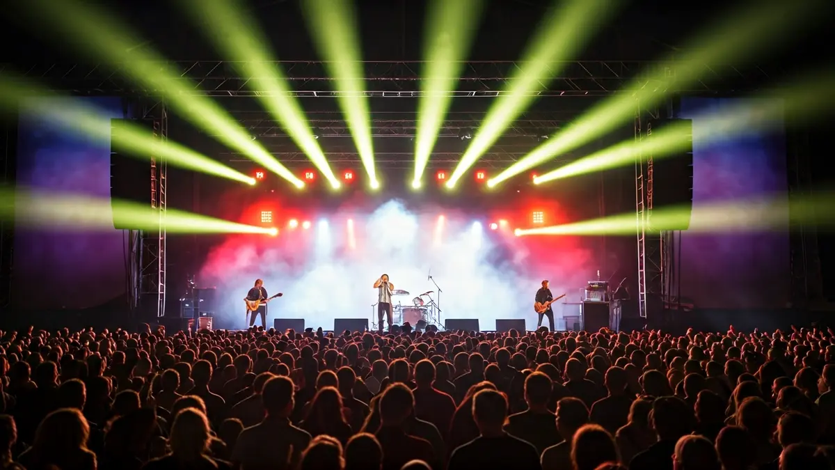 Imaxe xenérica dun concerto nun festival de música, con luces e público.