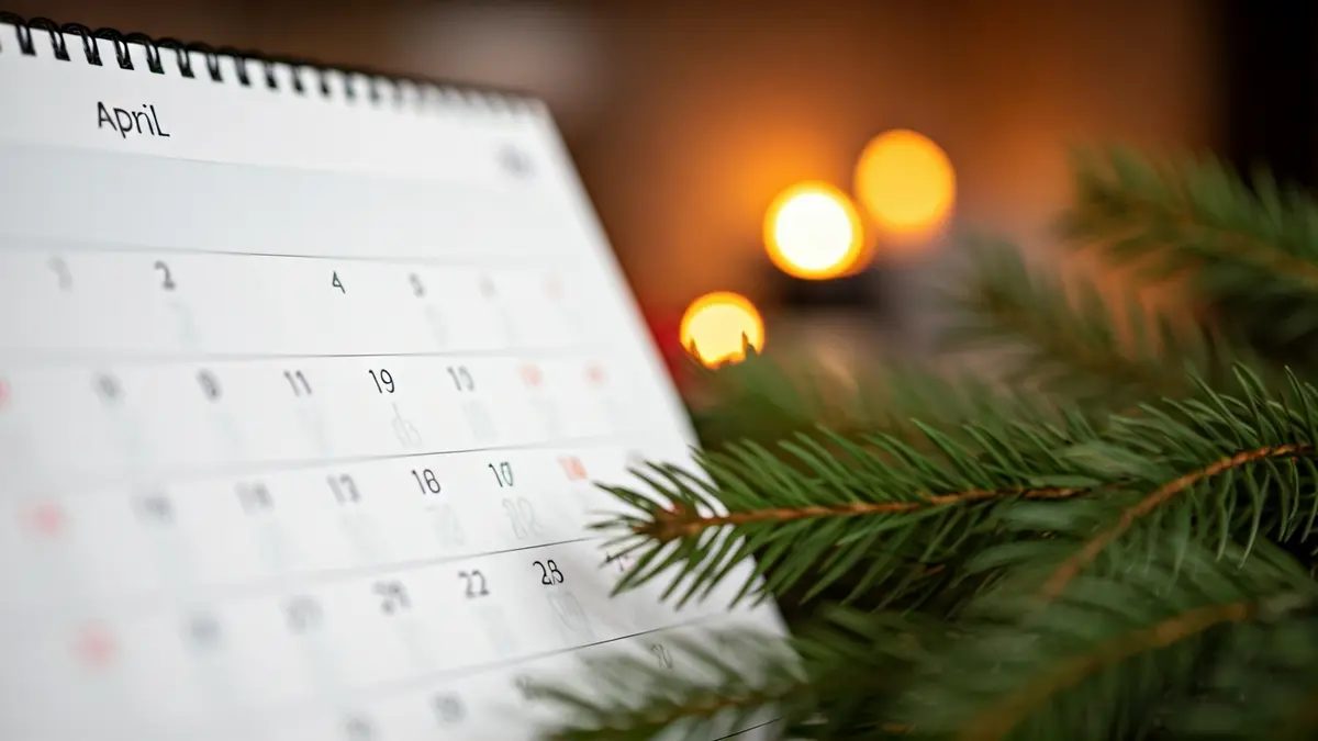 Imaxe xenérica dun calendario de abril cunha data destacada, rodeado de decoracións festivas.
