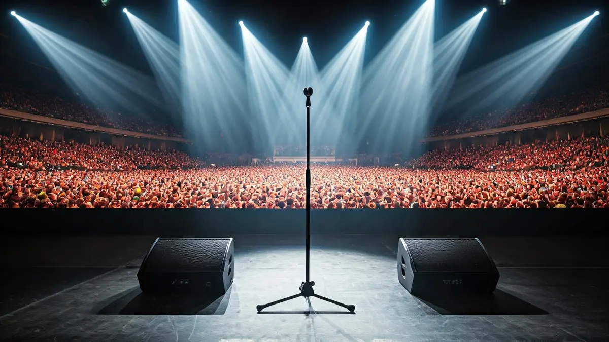Imaxe xenérica dun escenario de concerto con focos e un micrófono baleiro.