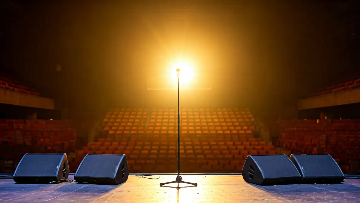 Imagen de un escenario de concierto vacío en el Coliseum de A Coruña, con focos brillantes.