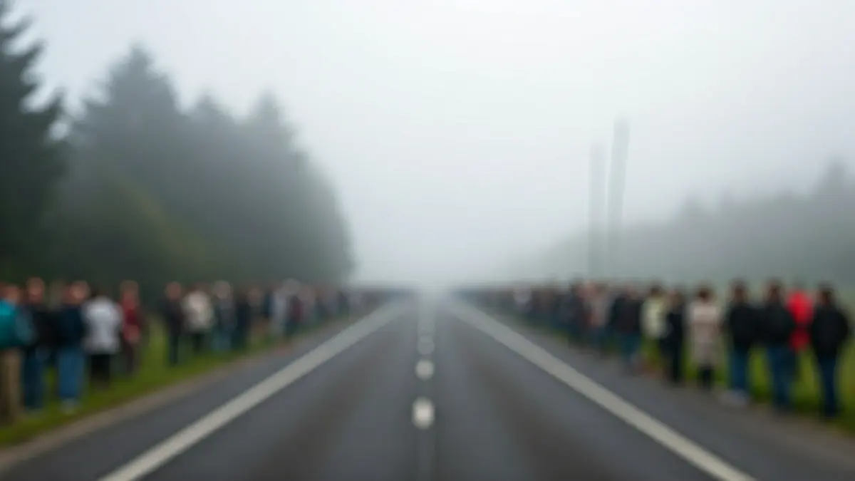 Imaxe xenérica dunha estrada rural con néboa e choiva lixeira.