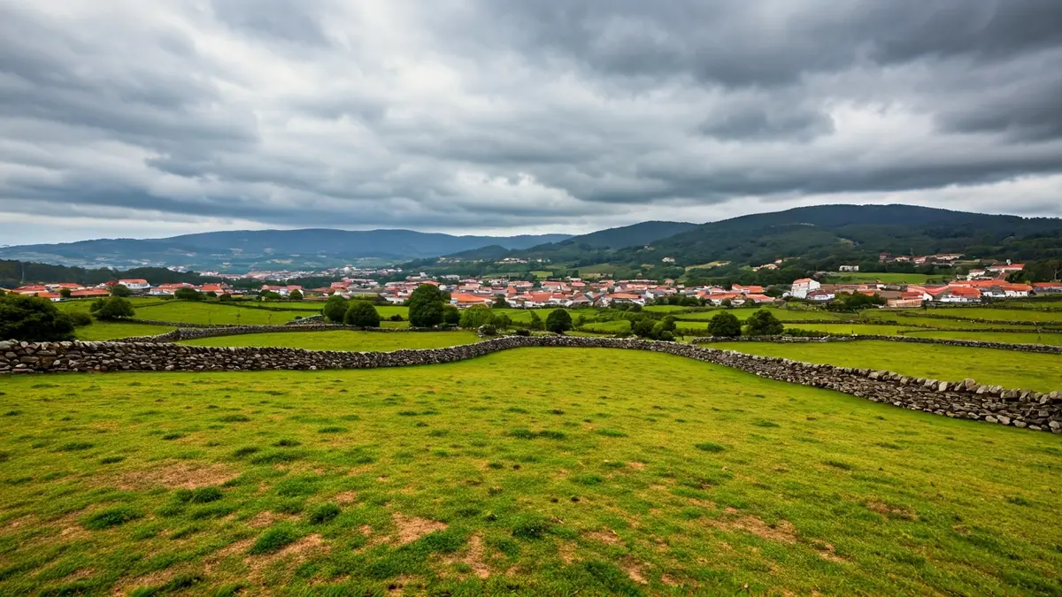 Imaxe xenérica dun ceo anubrado sobre unha paisaxe rural galega.