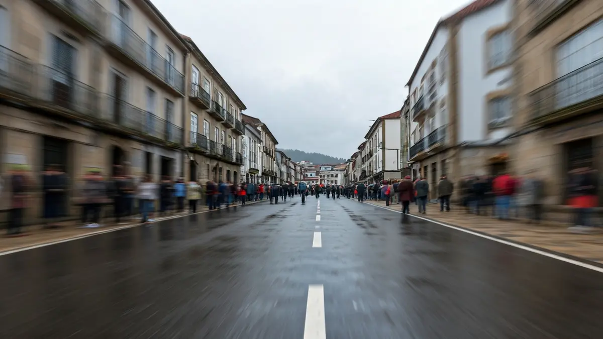 Imaxe xenérica dunha rúa mollada nun día nubrado en Galicia.