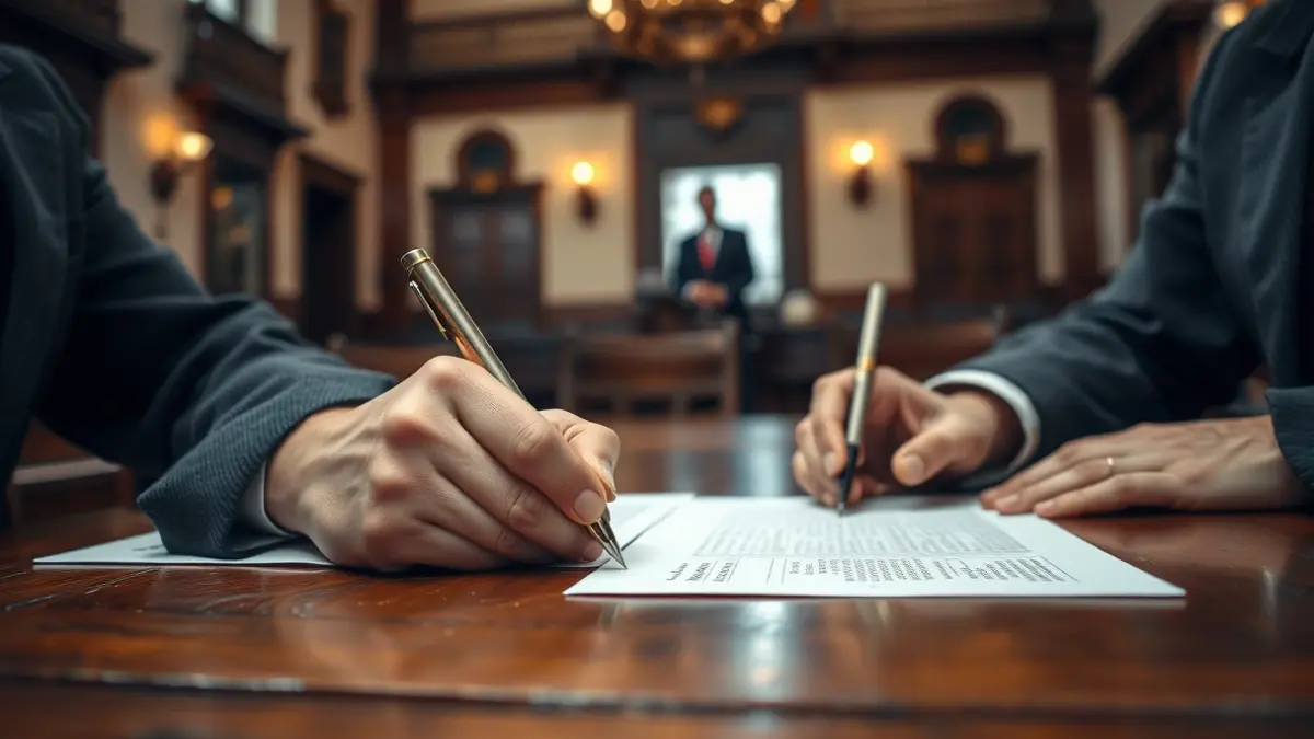 Imagen de una firma de documentos oficiales en una mesa de madera.