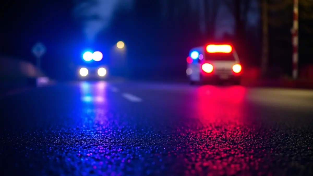 Imaxe xenérica de luces de emerxencia reflectidas sobre asfalto mollado pola noite.