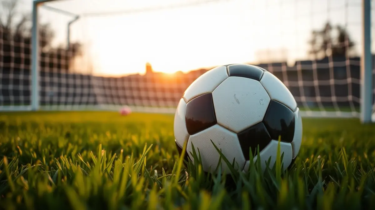 Imaxe xenérica dun balón de fútbol sobre herba, con rede de portería ao fondo.