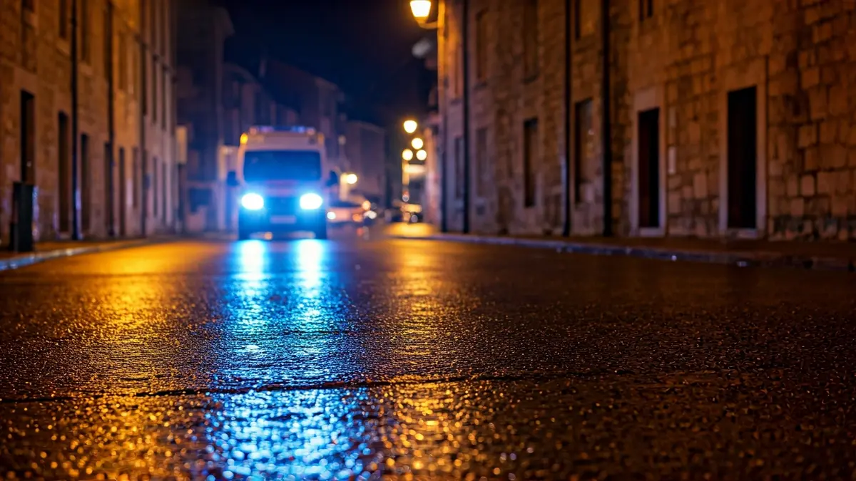 Imaxe xenérica de luces de emerxencia reflectidas no asfalto mollado.