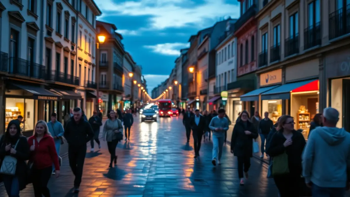 Imaxe dunha rúa concurrida nunha cidade galega ao anoitecer, con luces cálidas e xente camiñando.
