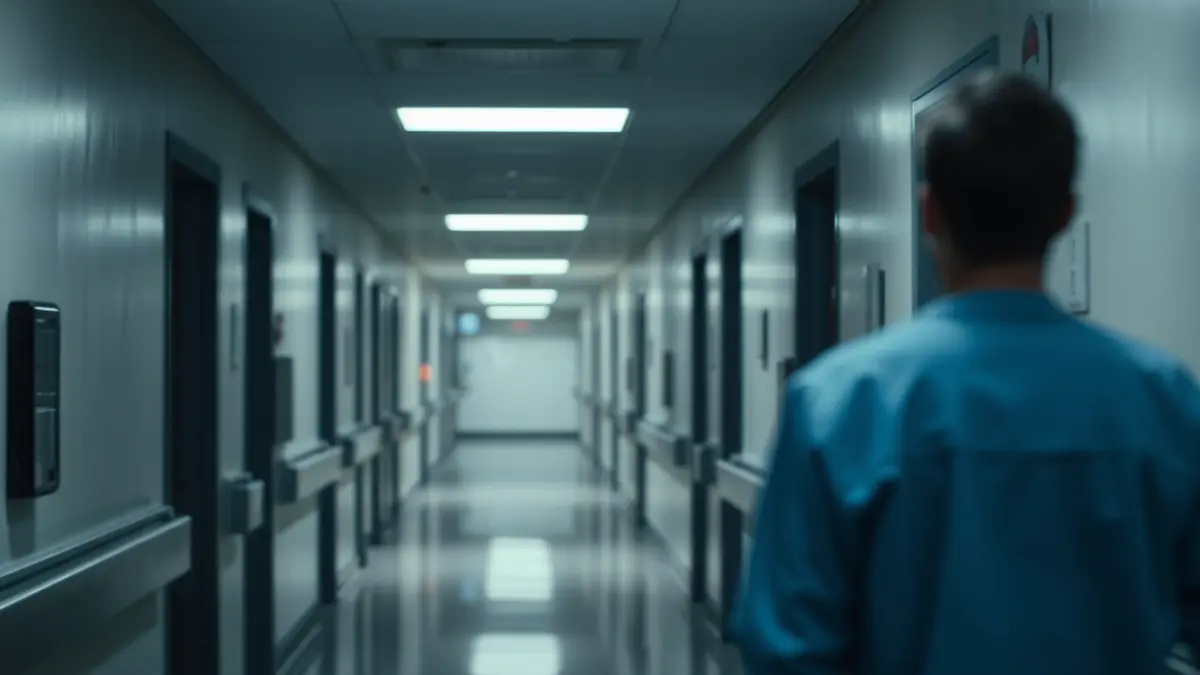 Imaxe dun corredor de hospital con luces tenues durante un apagón.