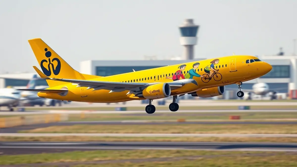 Imaxe dun avión de Vueling coa librea promocional do Tour de Francia 2026 aterrando na Coruña.