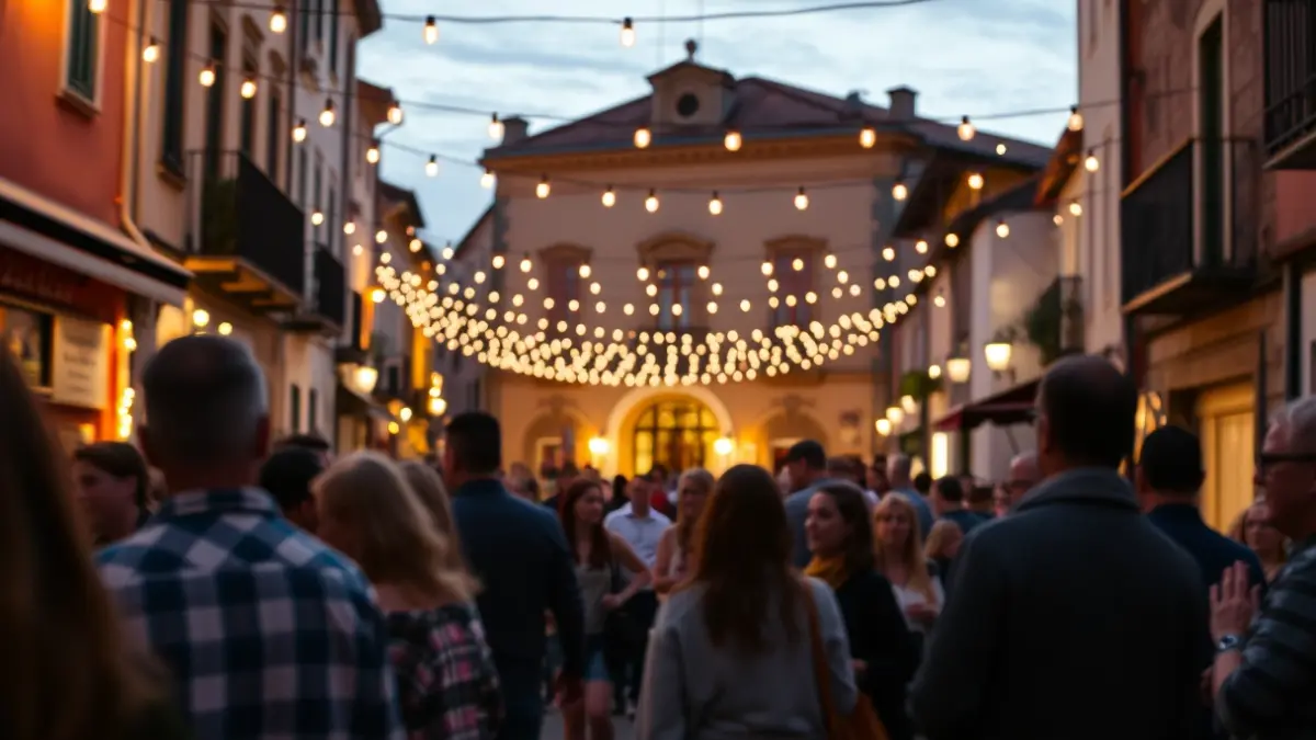 Imagen de una calle animada en un barrio tradicional gallego durante una fiesta.
