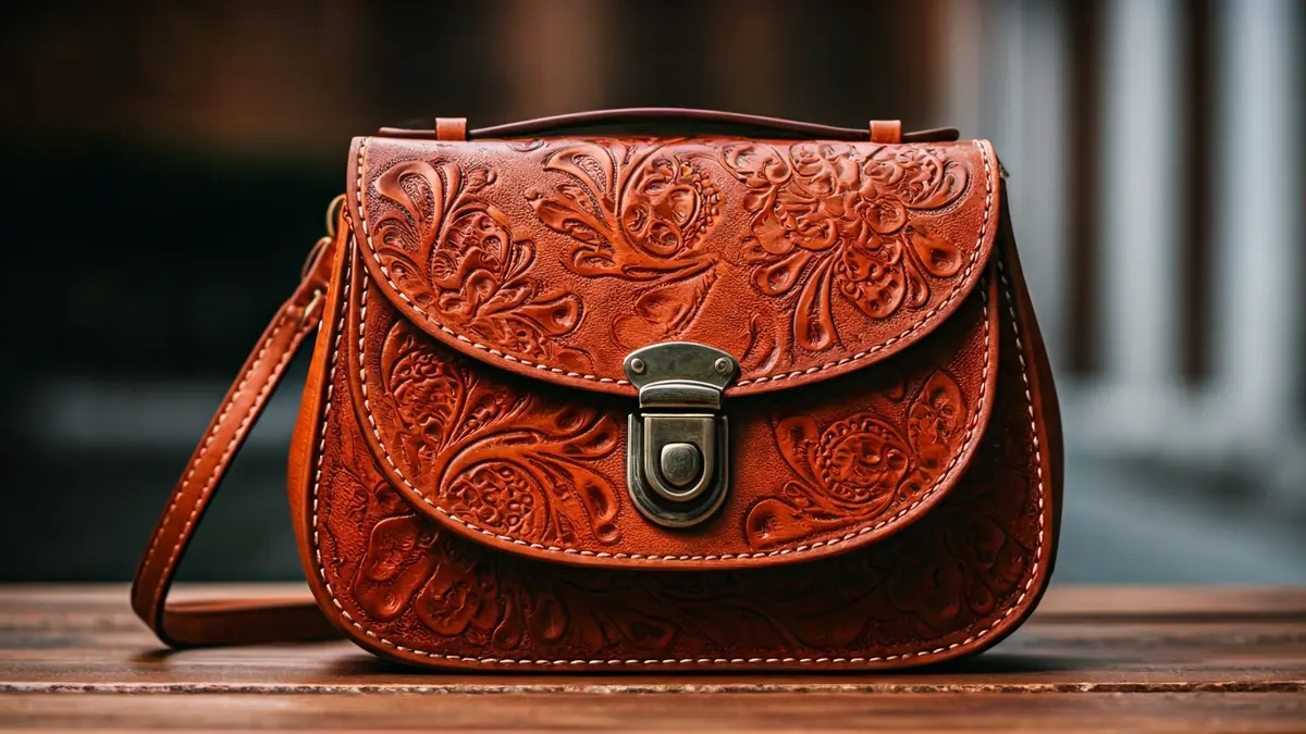 Bolso de coiro artesanal con gravados florais.