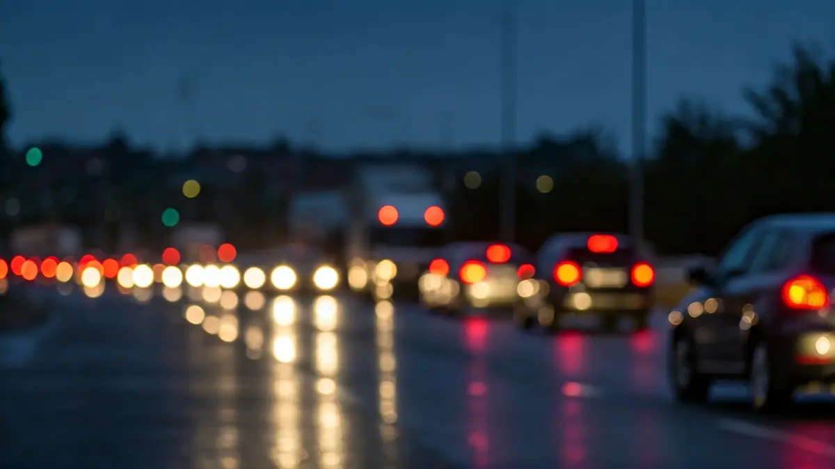 Imaxe xenérica dun atasco de tráfico nunha estrada ao anoitecer.
