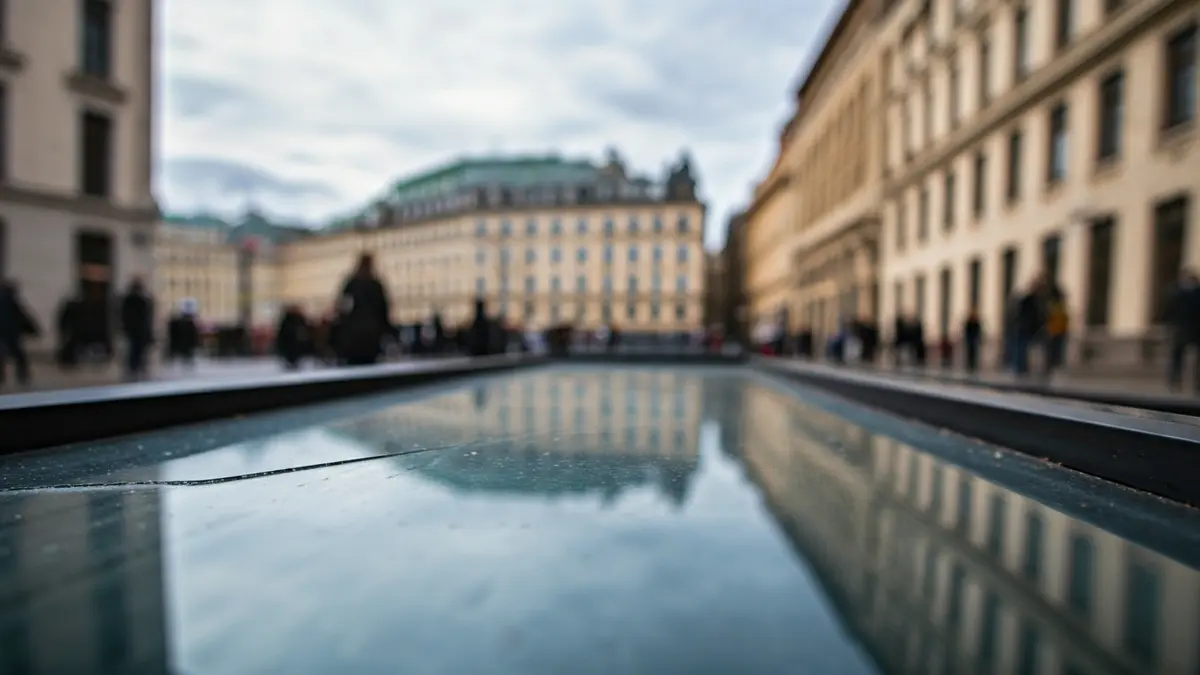 Imaxe dun lucernario de cristal danado no chan dunha praza urbana.