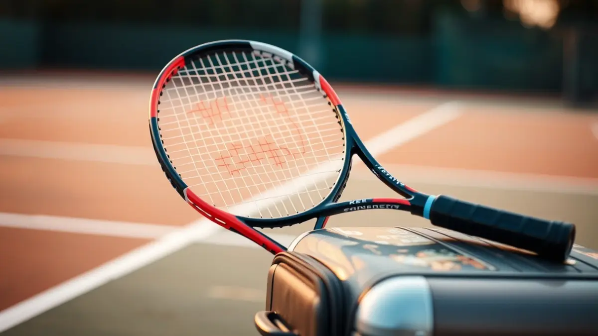 Imaxe xenérica dunha raqueta de tenis e unha maleta de viaxe nunha pista.