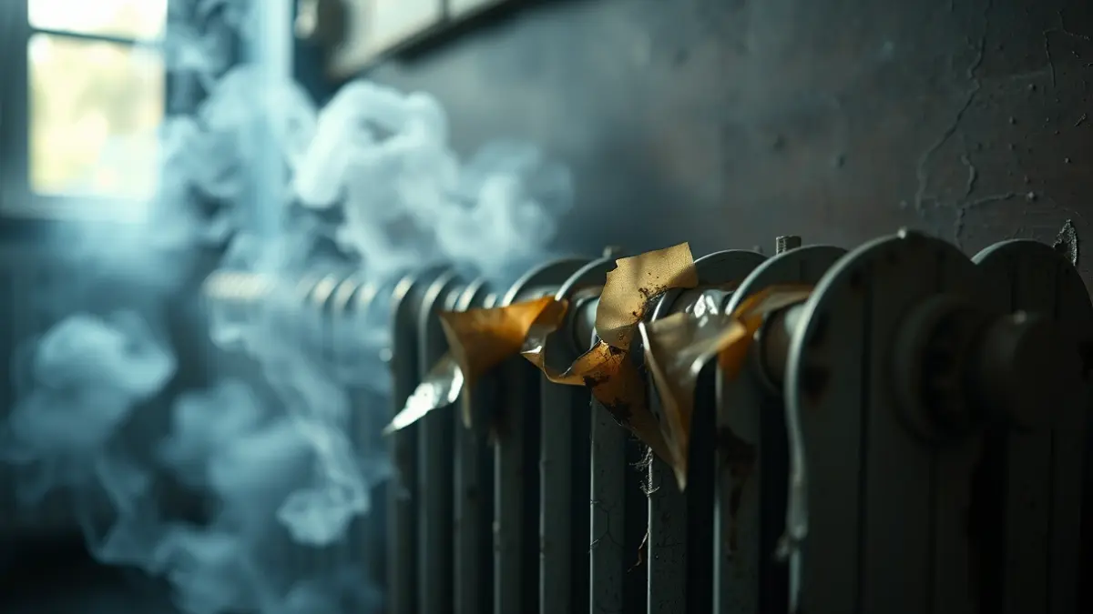 Imaxe dun radiador eléctrico danado e fume, tras un curtocircuíto.