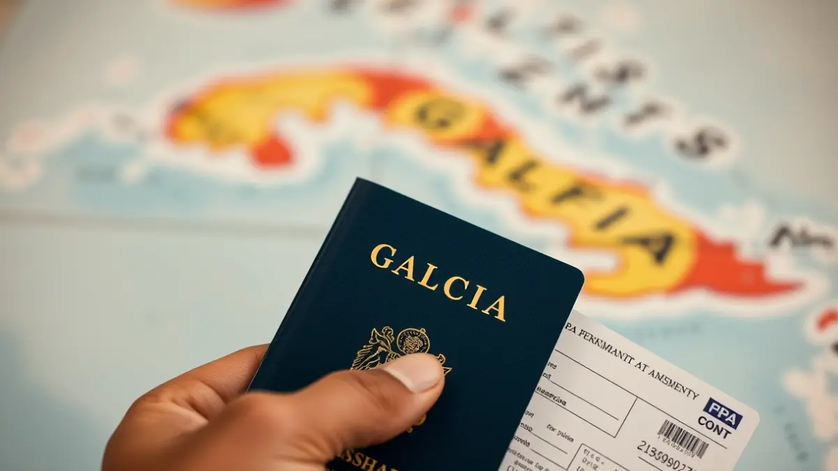 Imaxe xenérica dunha man sostendo un pasaporte e un billete de avión, con mapas de Galicia e Cuba de fondo.