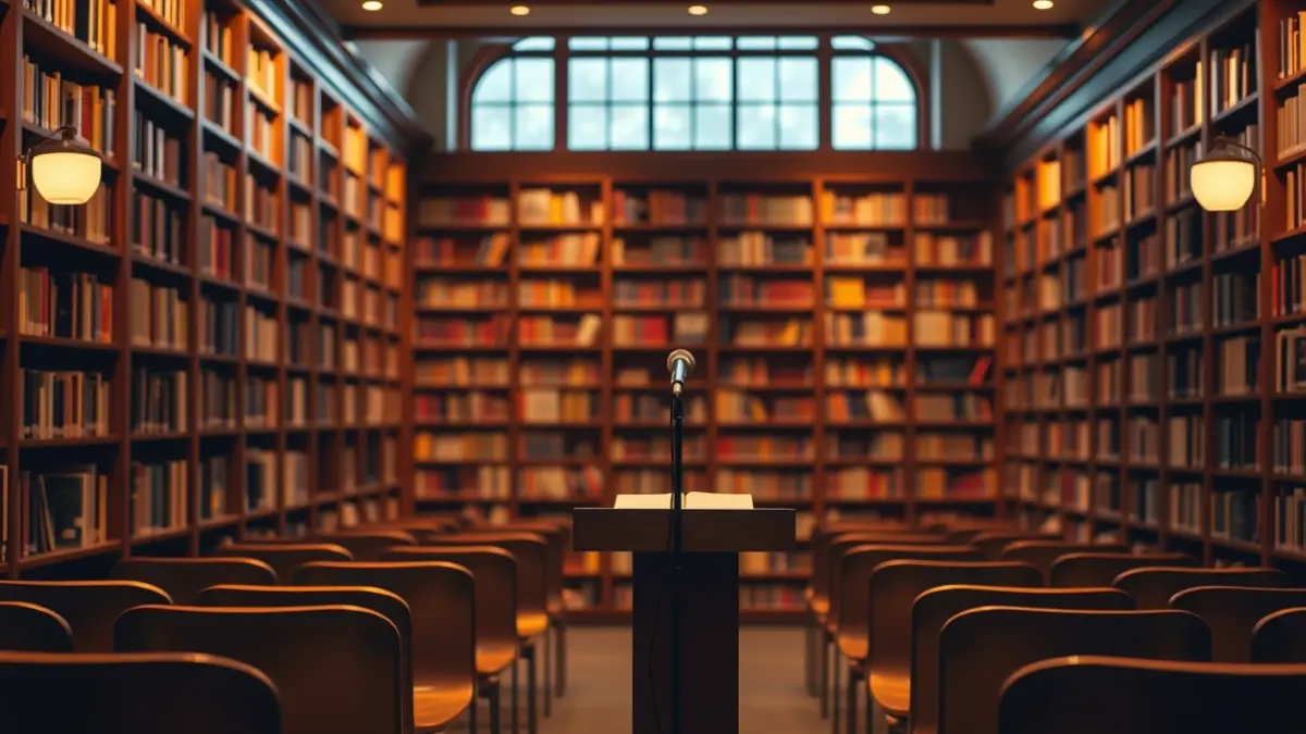 Imaxe xenérica dunha biblioteca ou sala de presentacións literarias.