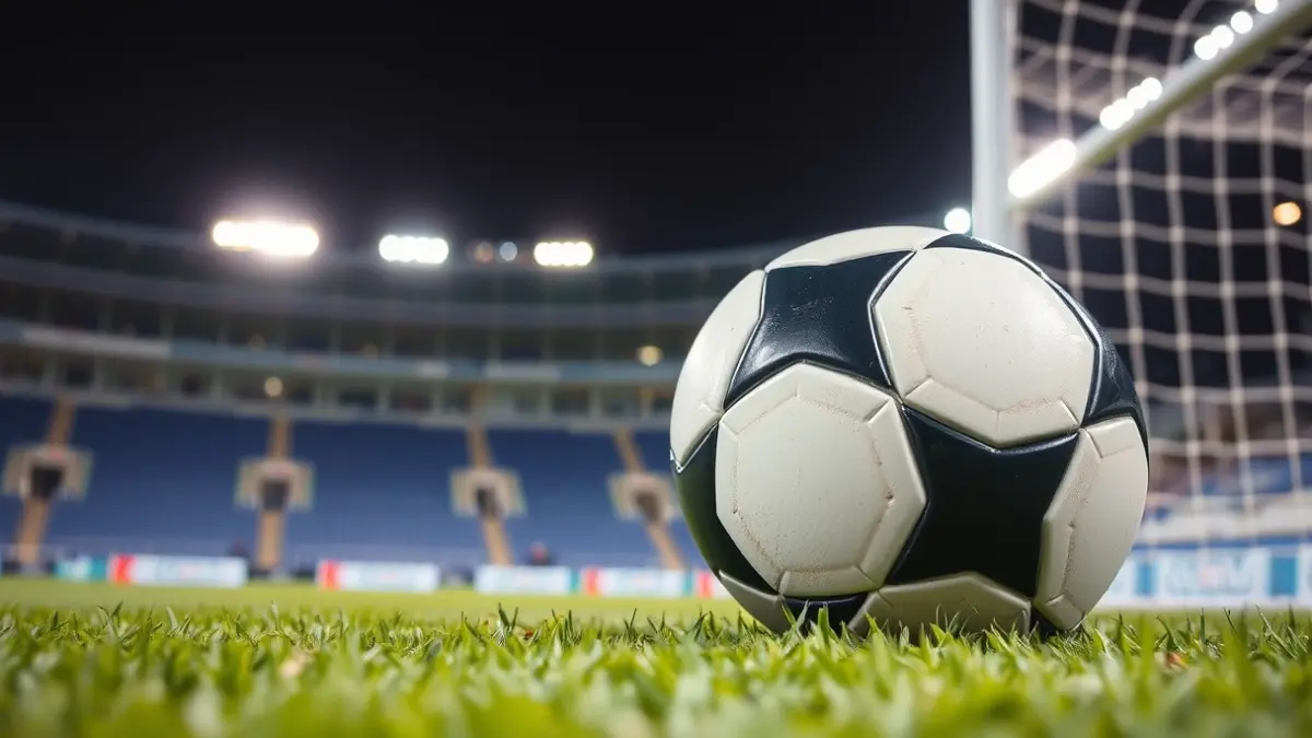 Imaxe xenérica dun balón de fútbol sobre o céspede dun estadio.