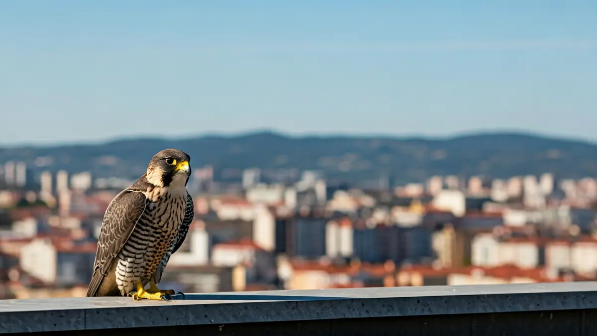 Falcón peregrino pousado nun edificio alto da Coruña.