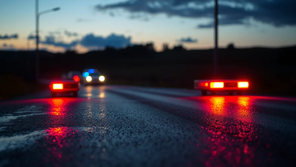 Imagen genérica de luces de emergencia reflejándose sobre asfalto mojado al anochecer.