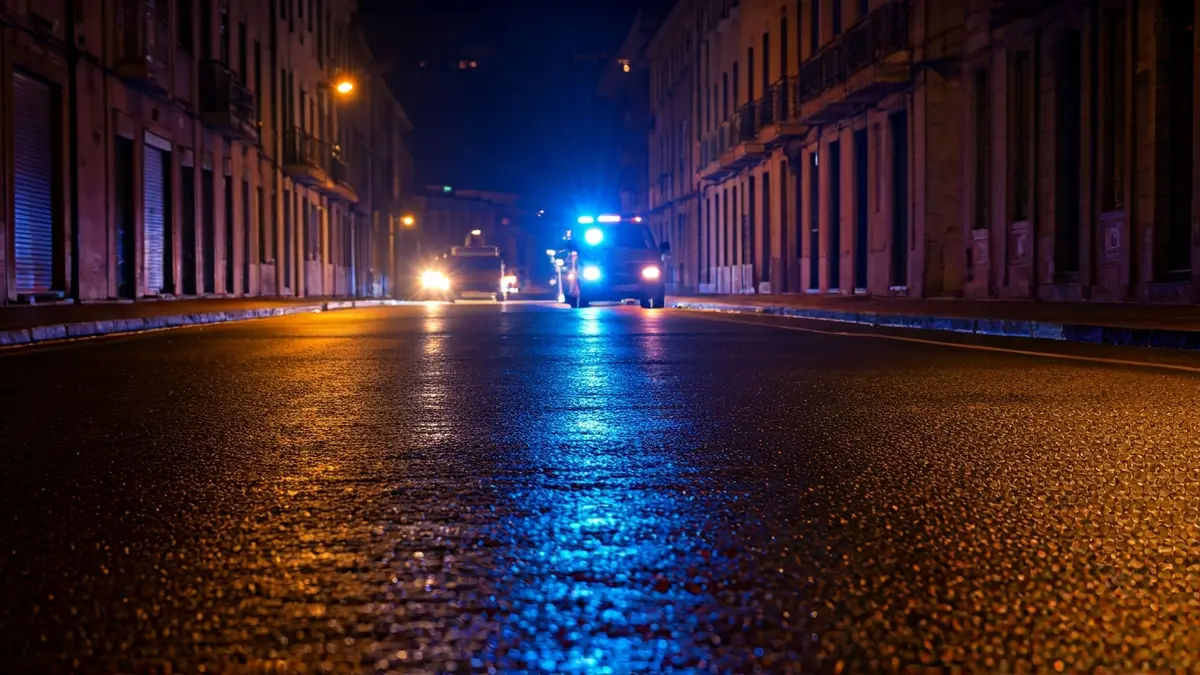 Imagen genérica de luces de emergencia reflejadas sobre asfalto mojado.