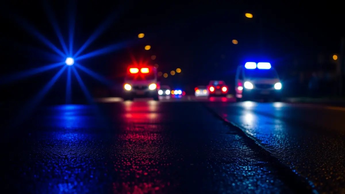 Imagen genérica de luces de emergencia reflejándose sobre asfalto mojado.