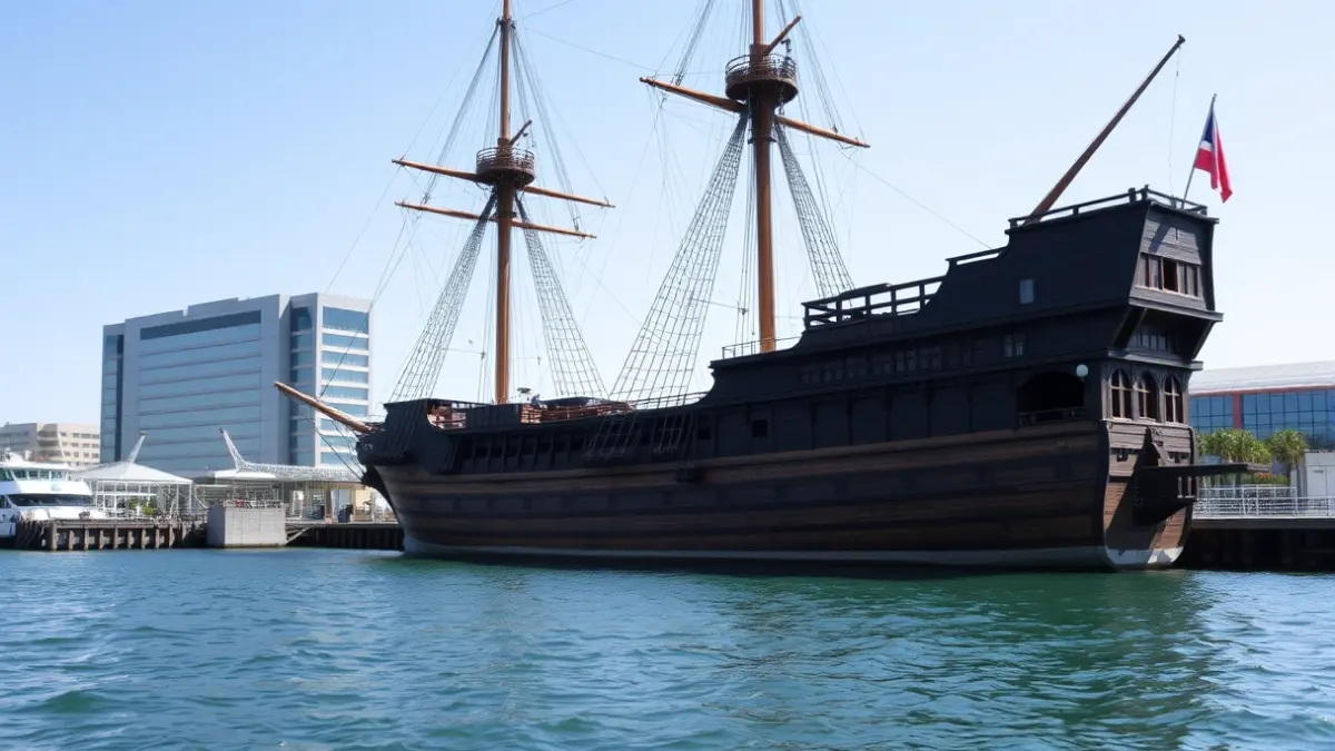 Imaxe dun galeón histórico atracado nun porto moderno, baixo un ceo azul.