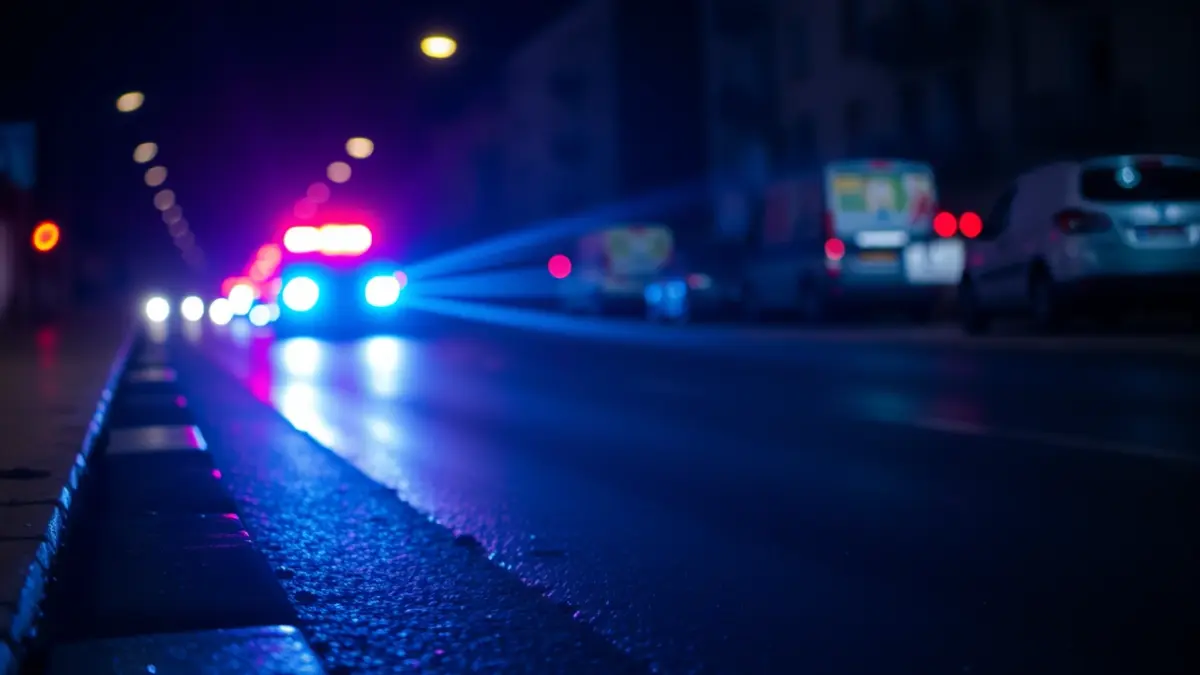 Imaxe xenérica de luces de emerxencia reflectíndose sobre asfalto mollado pola noite.