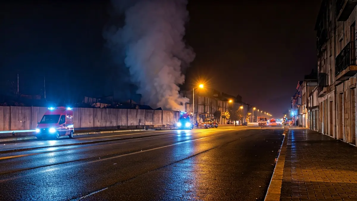 Imagen de un edificio calcinado en Xuvia, Narón, con las luces de emergencia al fondo.