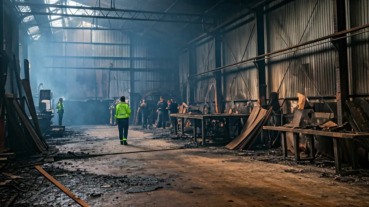 Imaxe dun silo calcinado nun taller de carpintería despois dun incendio.