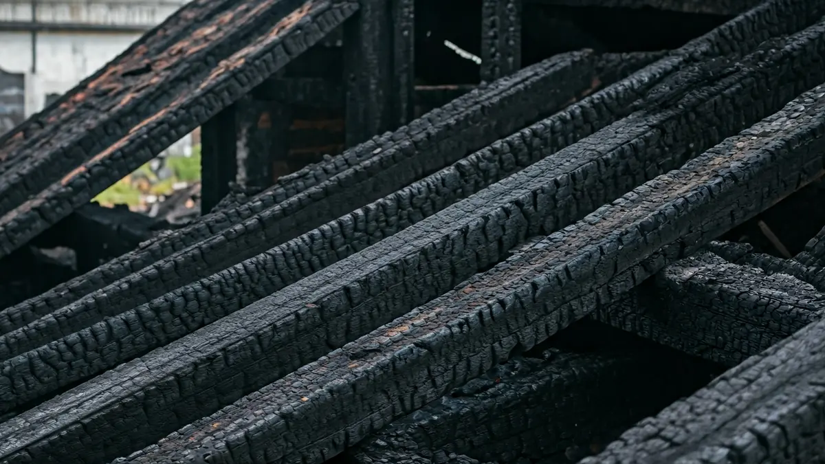 Imaxe dun edificio calcinado en Xuvia, mostrando as vigas de madeira queimadas e os danos estruturais.