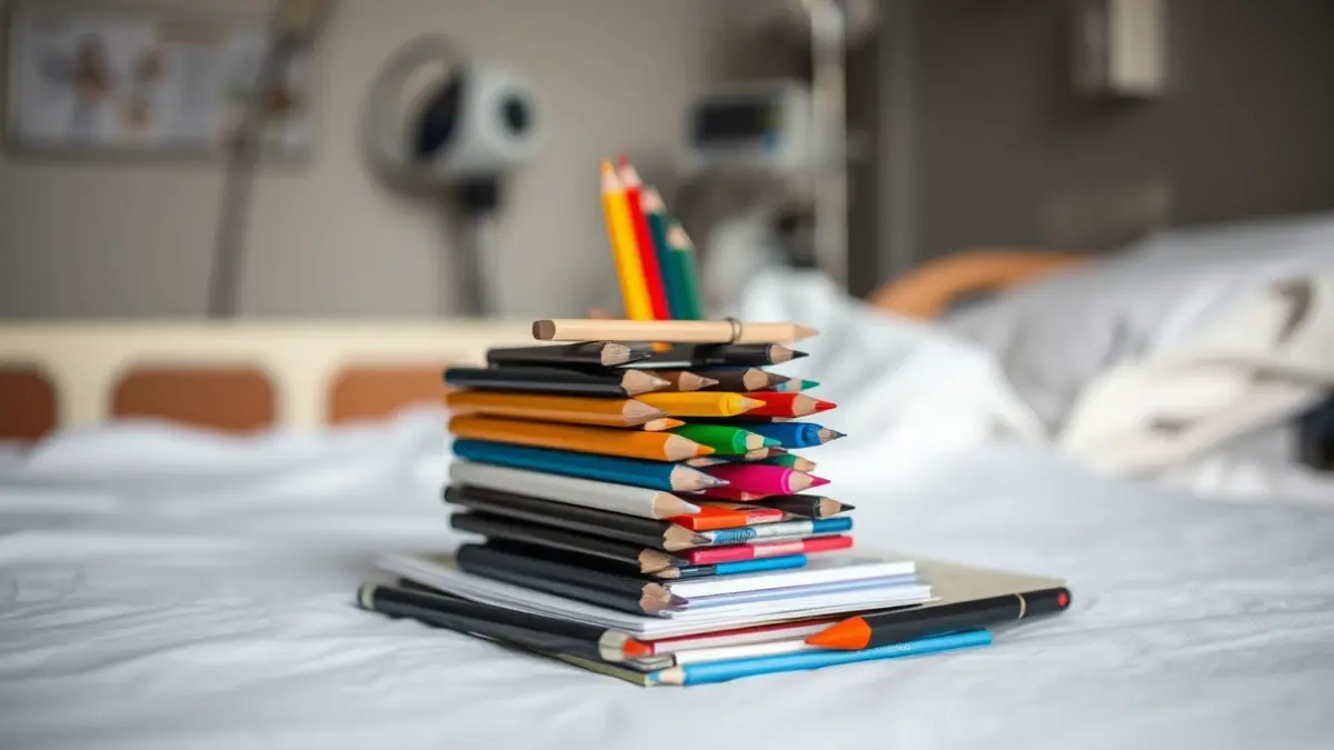 Imaxe xenérica de materiais de debuxo nunha mesa de hospital.