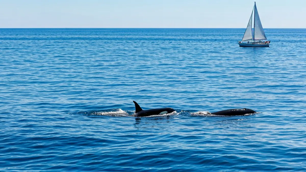 Imaxe dun grupo de candorcas nadando preto da costa galega, cun veleiro ao fondo.