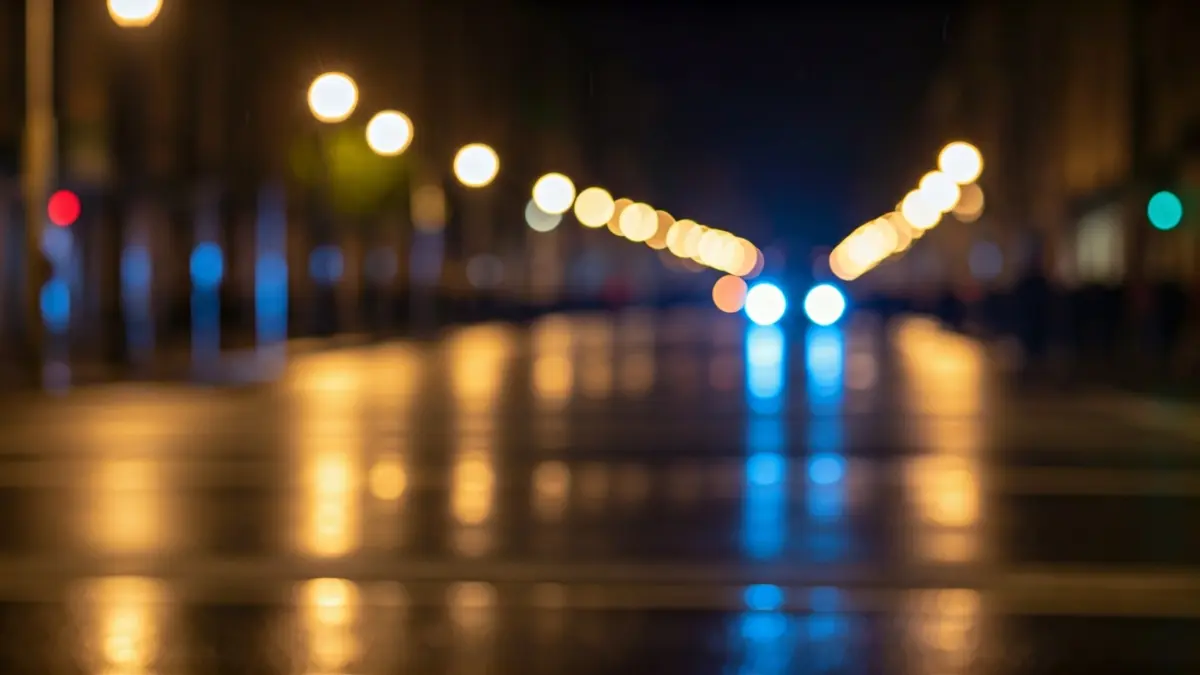 Imaxe xenérica de luces de emerxencia reflectidas no asfalto mollado nunha intersección urbana.