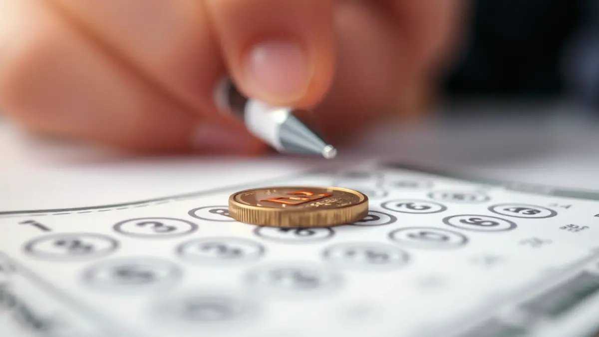 Imagen genérica de un boleto de lotería con números borrosos y una moneda.