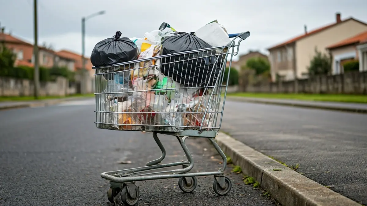 Carro da compra cheo de lixo nunha rúa residencial de Galicia.