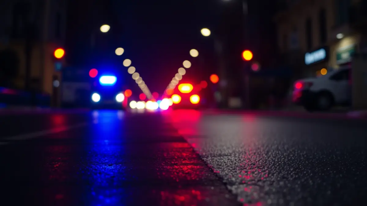 Imaxe xenérica de luces de emerxencia reflectíndose sobre asfalto mollado.