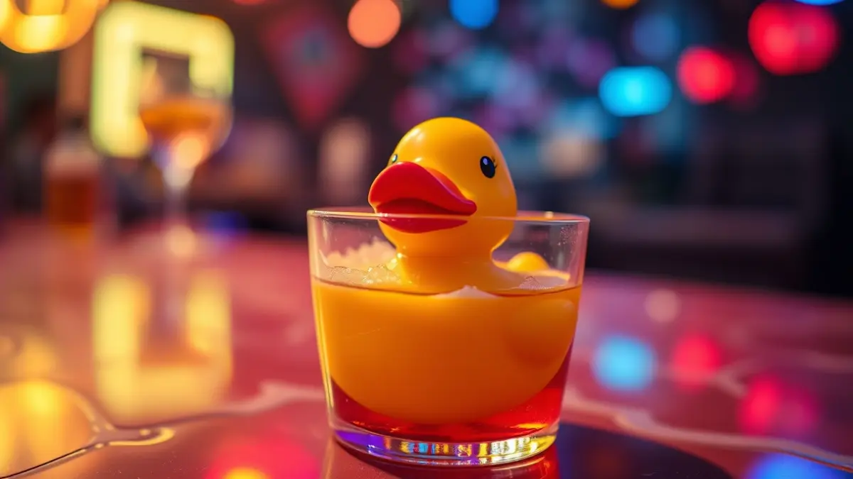 Imagen de un pato de goma en un cóctel, representando una fiesta temática.