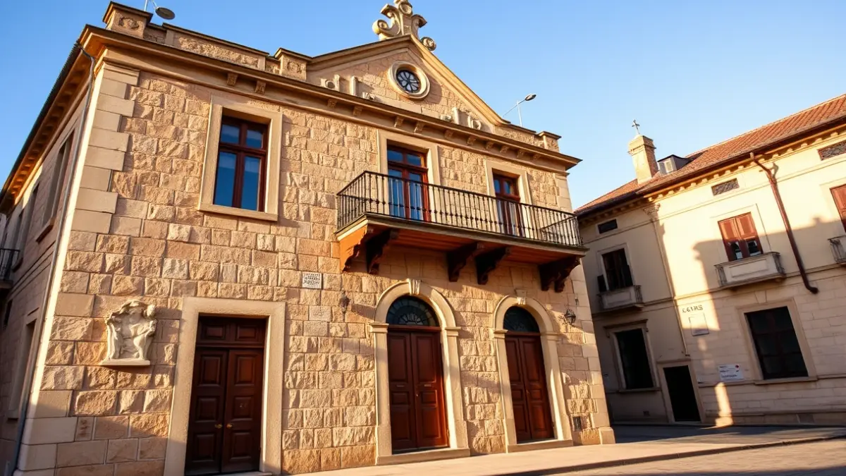 Imaxe da fachada dun edificio histórico na Coruña, con balcóns e detalles arquitectónicos.