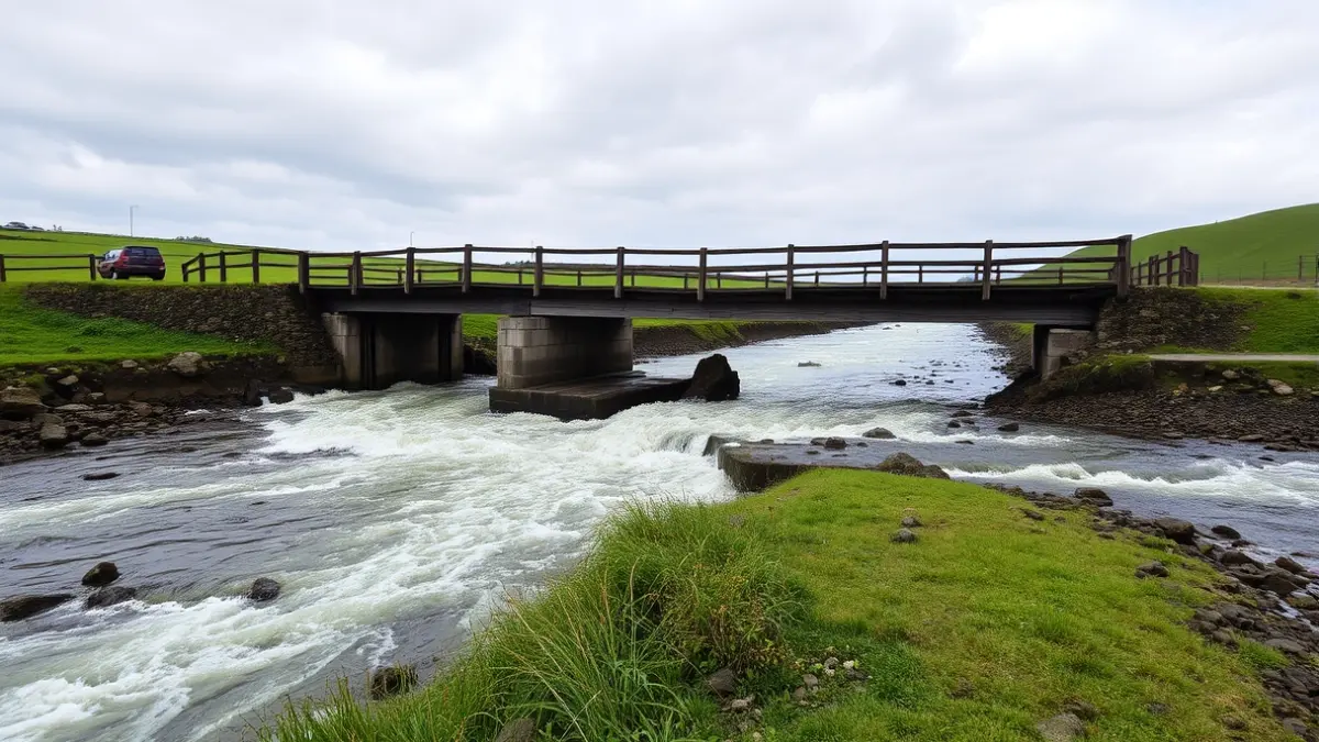 Ponte rural danada por un regato desbordado en Galicia.