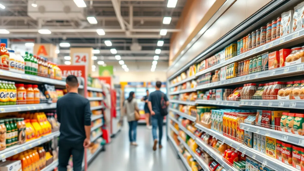 Imaxe xenérica dun supermercado moderno e ben iluminado.