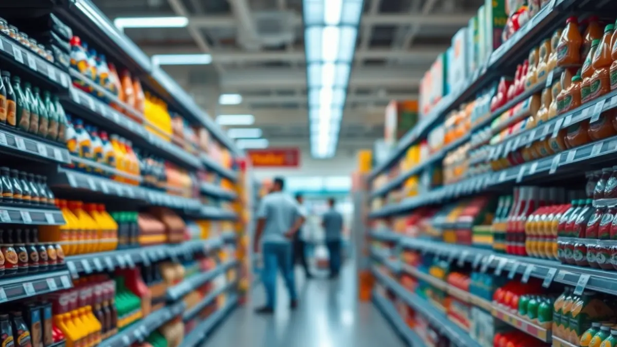 Imaxe xenérica dun supermercado moderno con estantes cheos de produtos.