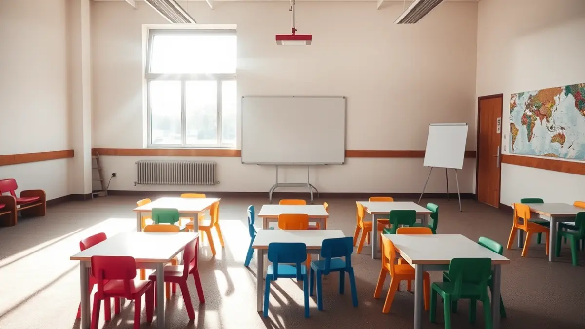 Imagen genérica de un aula de educación infantil vacía, con sillas y mesas pequeñas.