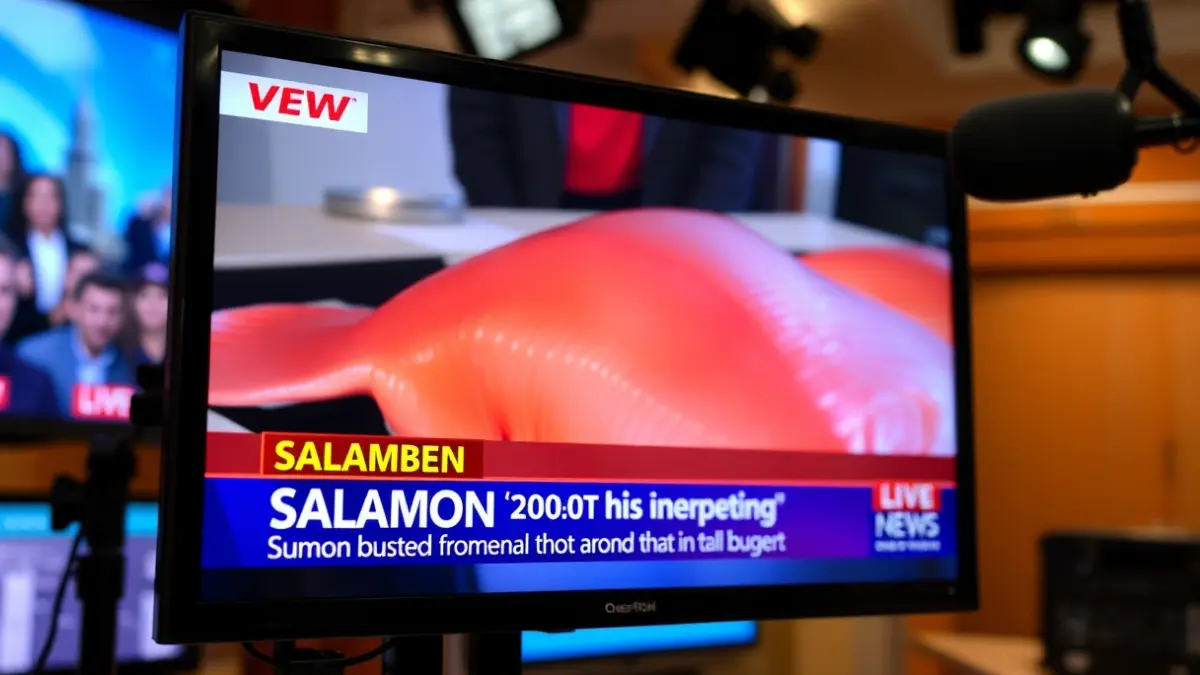 Imaxe dunha pantalla de televisión mostrando un titular de noticias sobre salmóns, nun estudo de televisión.