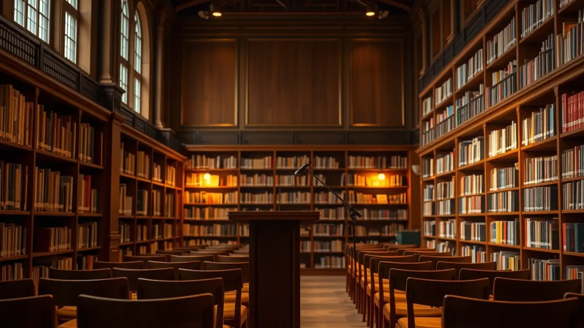 Imaxe xenérica dunha sala de presentacións literarias ou biblioteca.