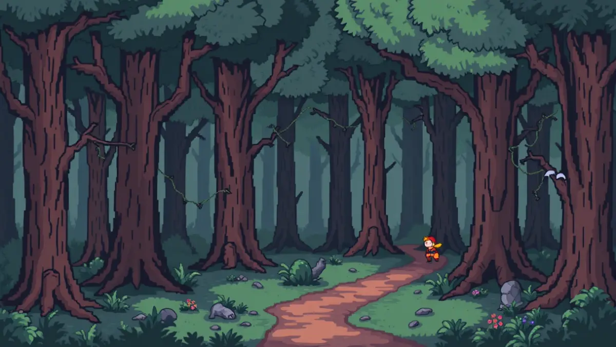 Imagen de un videojuego retro con temática de bosque gallego, evocando la estética de la Game Boy.