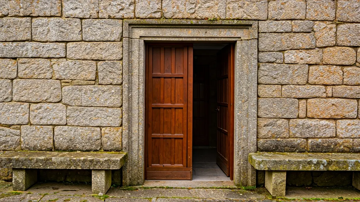 Imagen de una vivienda comunitaria en Galicia con la puerta entreabierta.