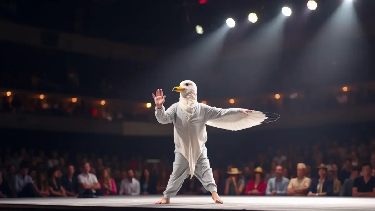 Imagen de una persona disfrazada de gaviota en un escenario, en plena actuación.